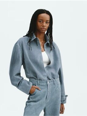 NWT H&M STUDIO COLLECTION SPRING 2026, DUSTY BLUE SUEDE SHIRT SIZE S, MSRP $419